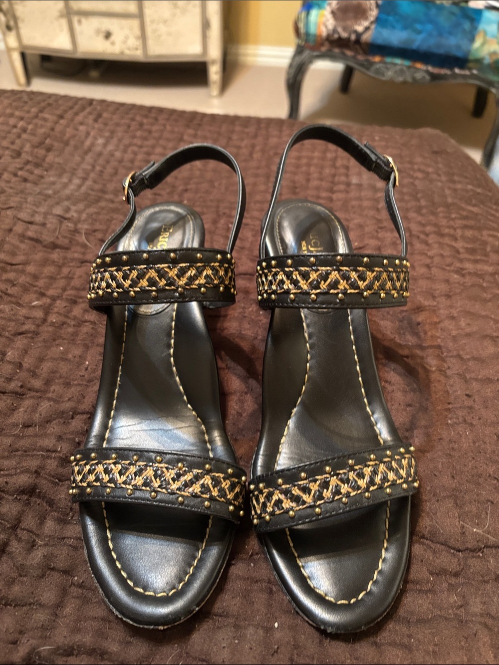 Eric Javits Black Slingback Sandals with Gold Braided Straps